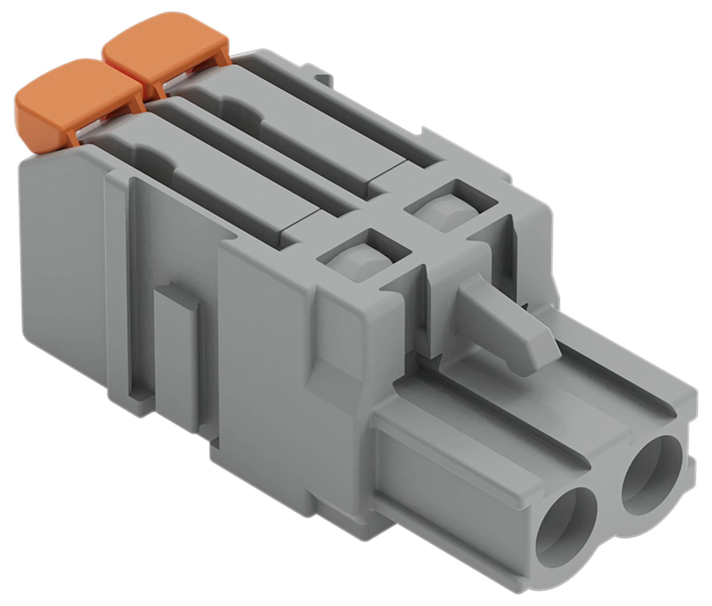 Ein grauer zwei-polig Elektrostecker mit orangefarbenen Hebeln zum Sichern von Drähten.