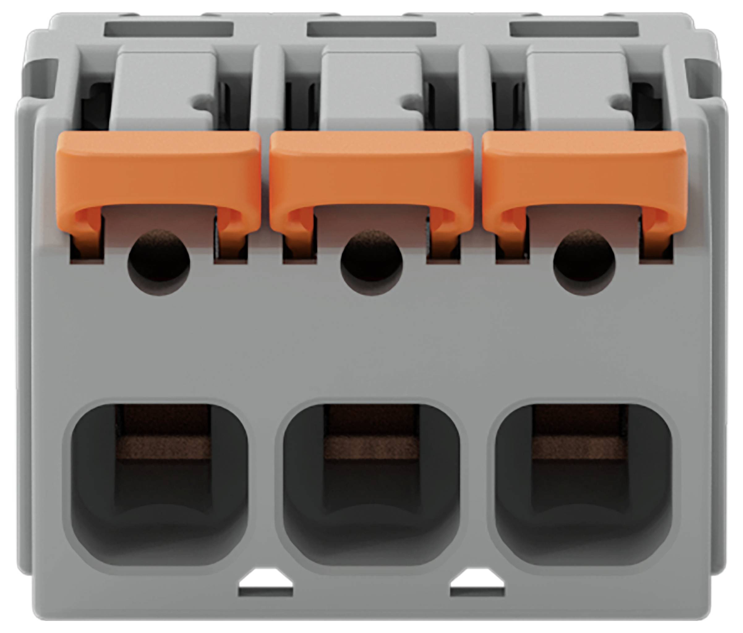 Eine Nahaufnahme eines grauen und orangefarbenen Steckverbinders mit drei Anschlüssen, der zum Befestigen von Elektrokabeln entwickelt wurde.