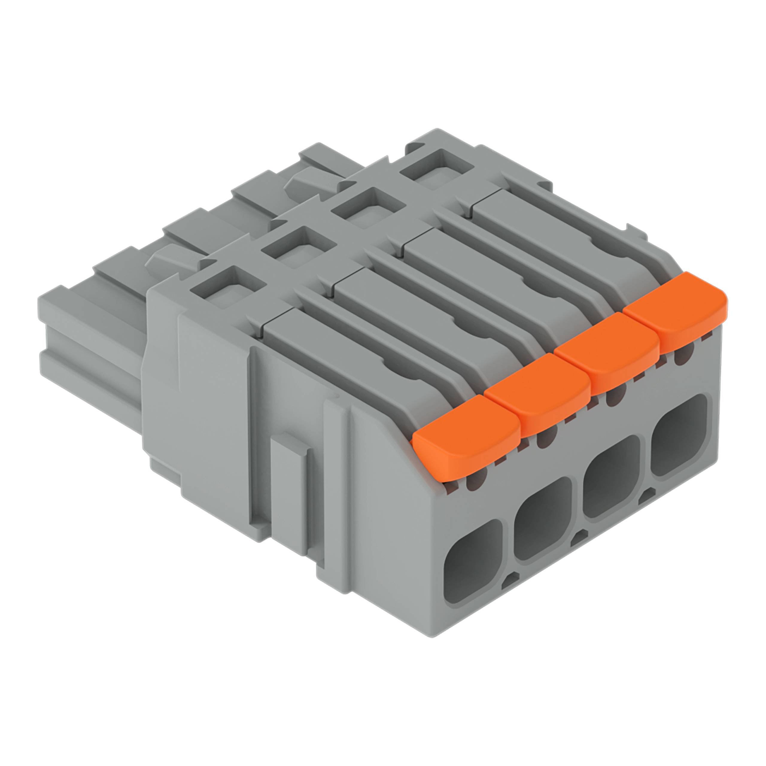 Ein grauer und orangefarbener Kunststoff-Elektrostecker mit mehreren Schlitzen zum Anschließen von Kabeln, der für die elektronische Schaltungsmontage verwendet wird.