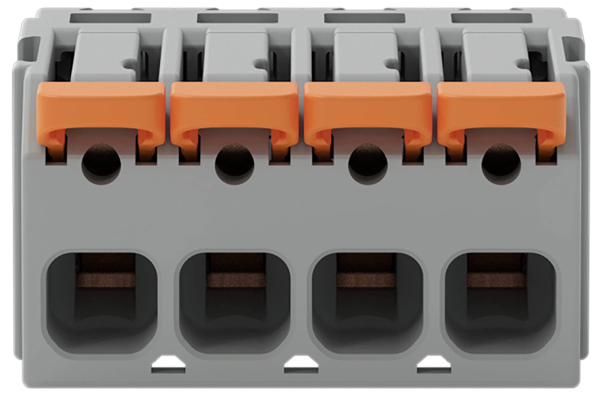 Ein 4-poliger Hebelklemmenblock mit orangefarbenen Hebeln für sichere Drahtverbindungen in elektrischen Installationen.