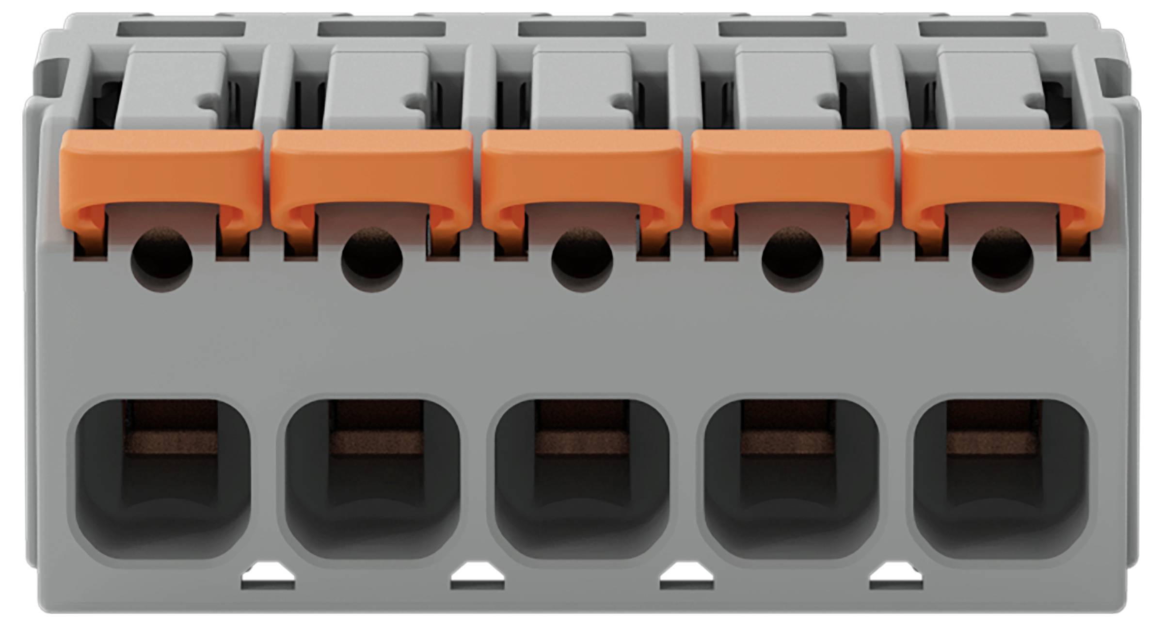Ein Fünf-Port-Steckklemme mit orangefarbenen Hebeln auf grauem Sockel, verwendet für elektrische Installationen oder Verbindungen.