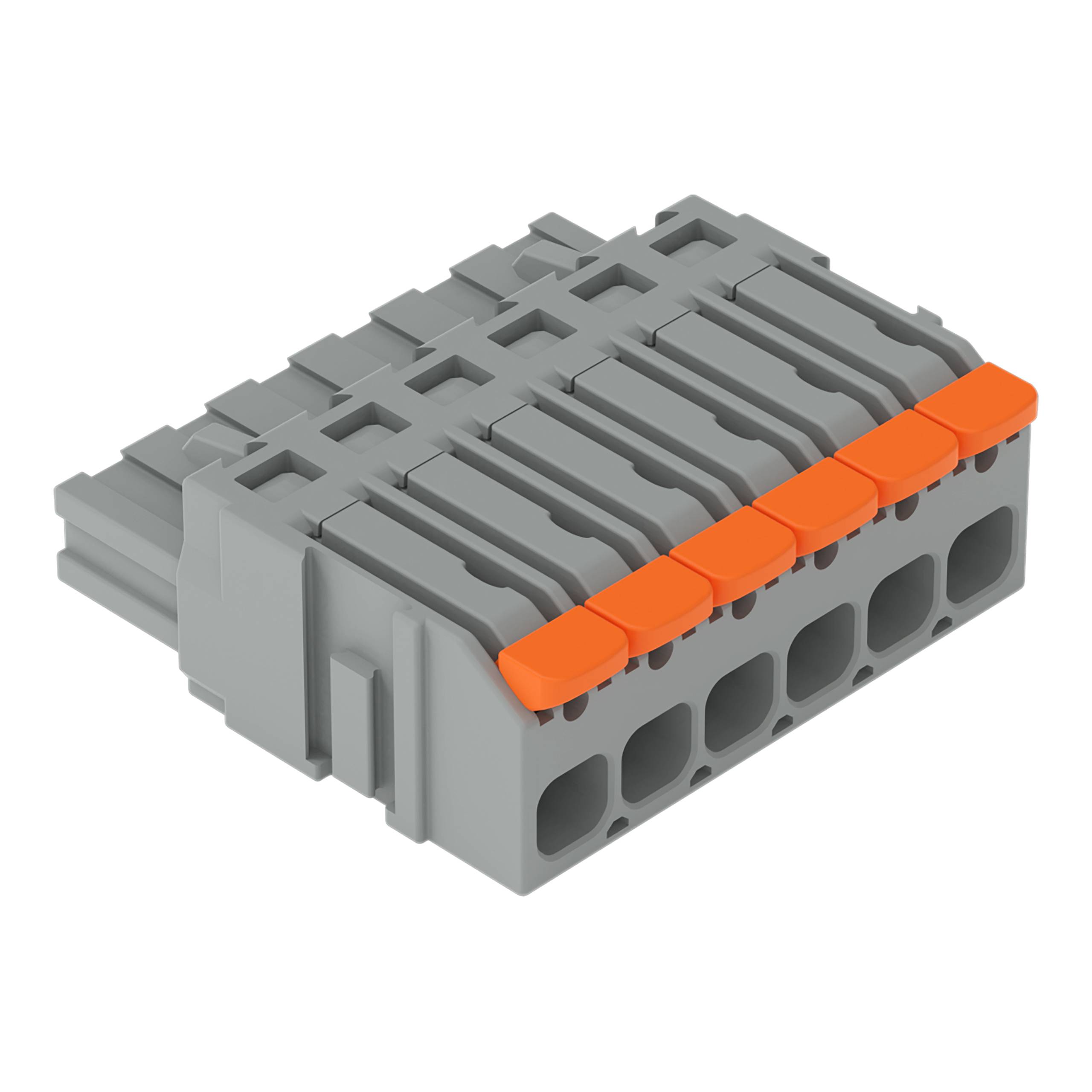 Ein grauer und orangefarbener modularer Elektrostecker mit sechs horizontal angeordneten Anschlüssen für Kabelverbindungen, mit Stecktechnologie.