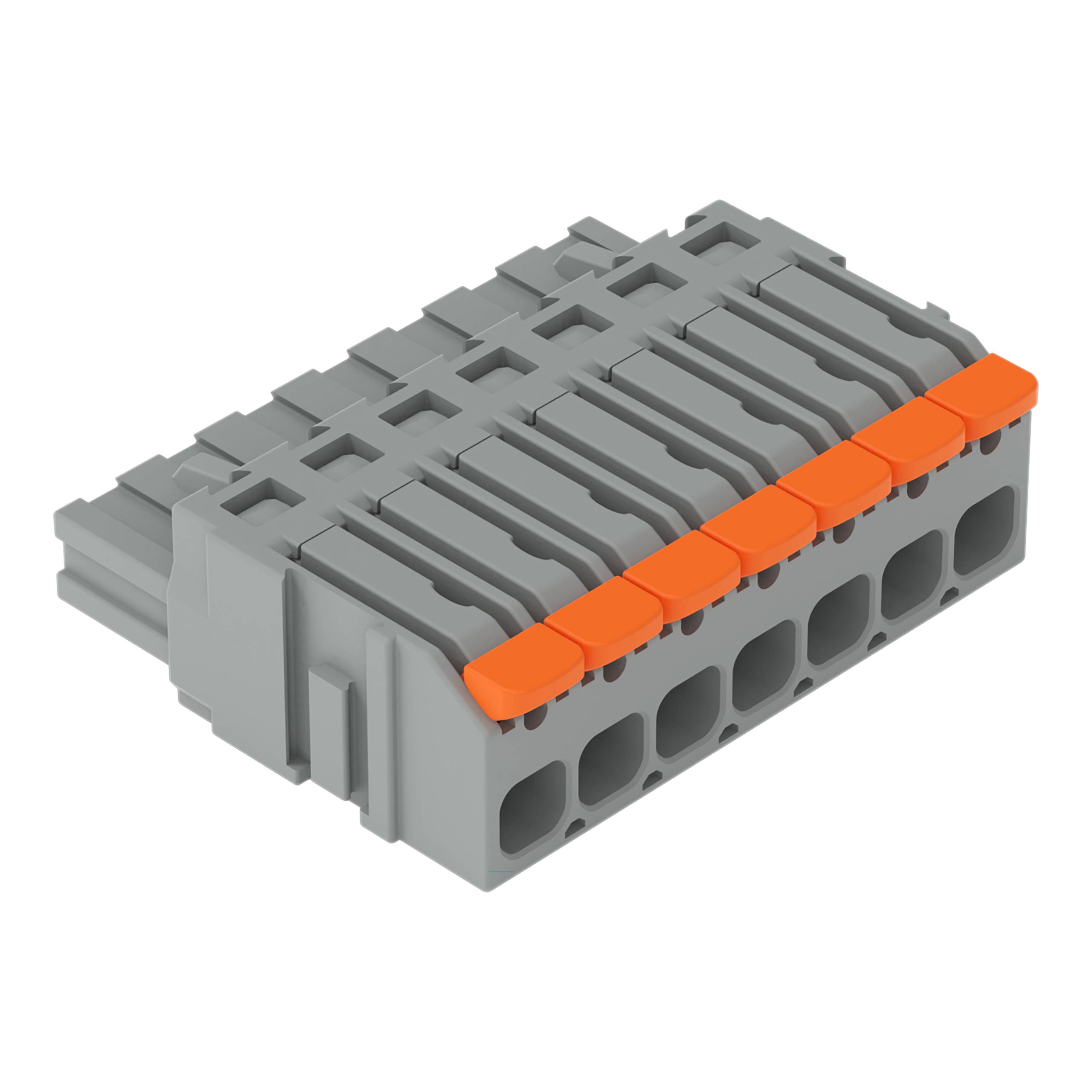 „Grauer und orangefarbener Elektrostecker mit mehreren Schlitzen, entwickelt für sichere Drahtverbindungen.