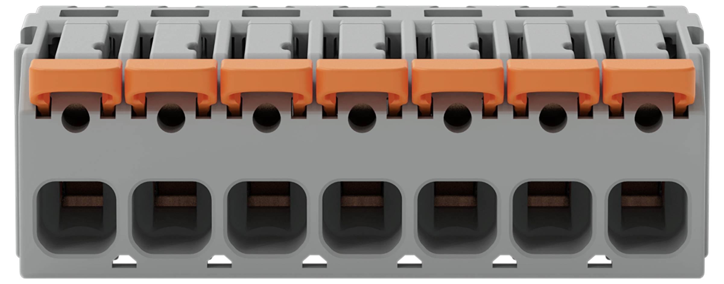 Ein grau-orangefarbener Elektroklemmenblock mit acht Anschlussplätzen für Verkabelung.