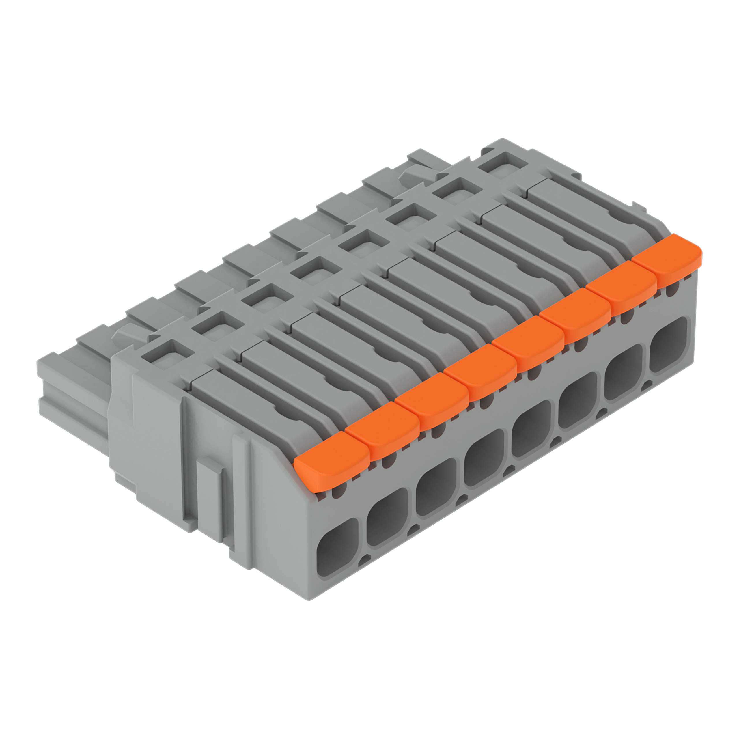 Ein grauer mehrpoliger elektrischer Stecker mit orangefarbenen Verschlüssen oben, konzipiert für sichere Verdrahtungsverbindungen in elektronischen Komponenten.
