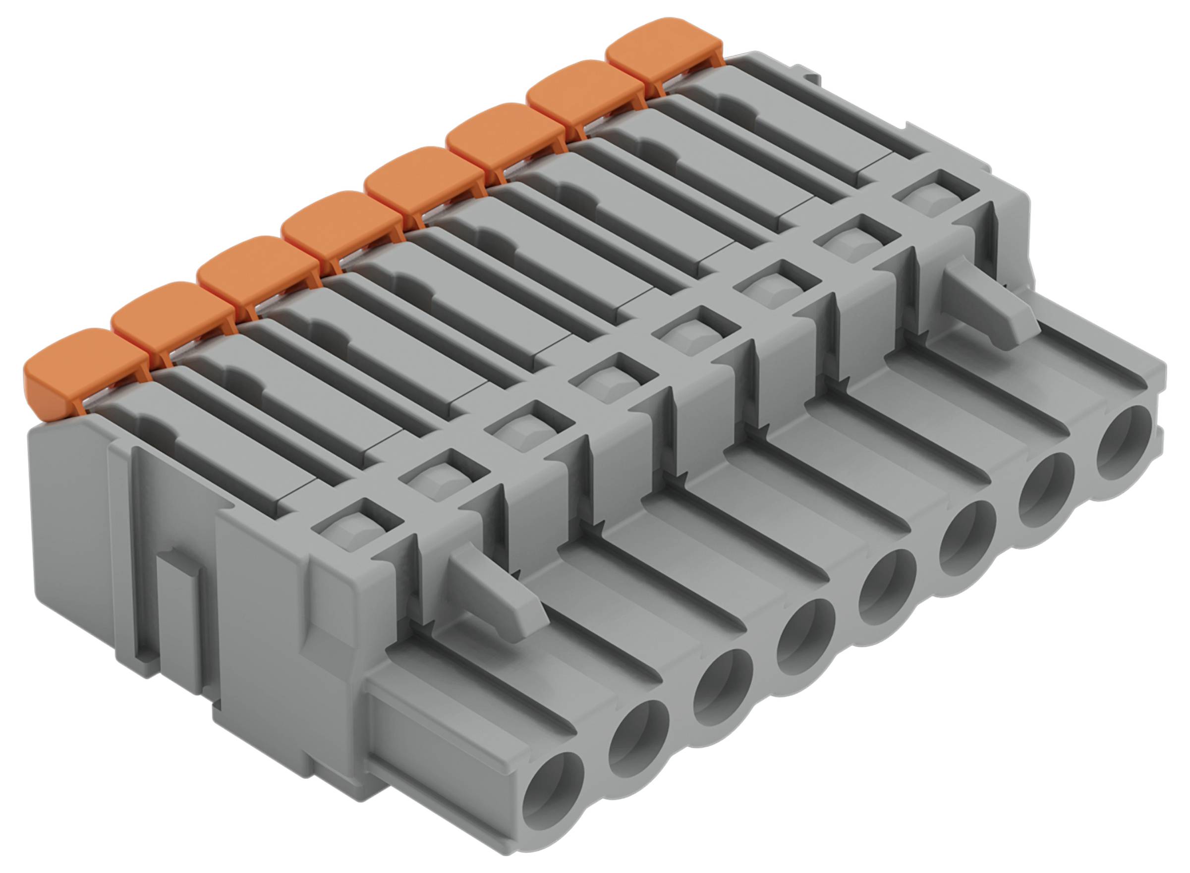 Ein grauer Elektrostecker mit acht Schlitzen, ausgestattet mit orangefarbenen Druckknöpfen oben, konzipiert zum Befestigen von Drähten.
