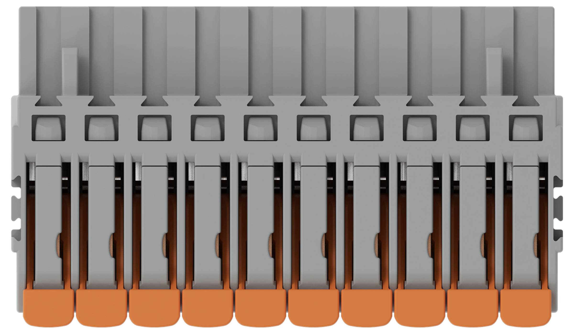 Ein Klemmblock mit zehn Anschlüssen zum Verbinden von Elektrokabeln, mit grauem Gehäuse und orangen Hebeln zum Sichern der Drähte.
