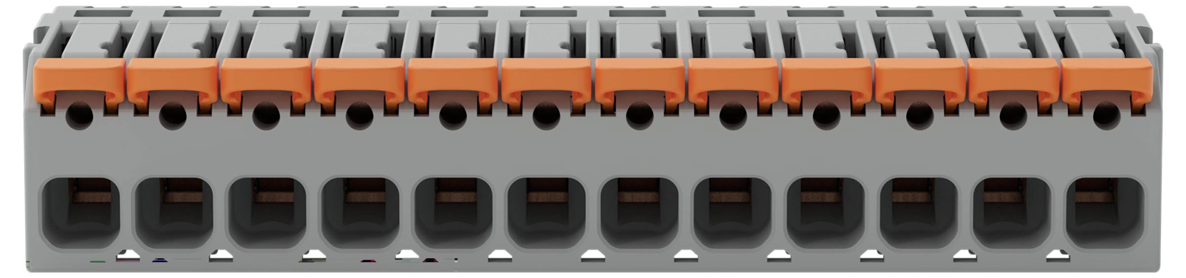 Ein Block von Industrialsteckerverbindungen mit mehreren Eingängen und identifizierbaren orangefarbenen Hebeln zum Sichern von Drähten.