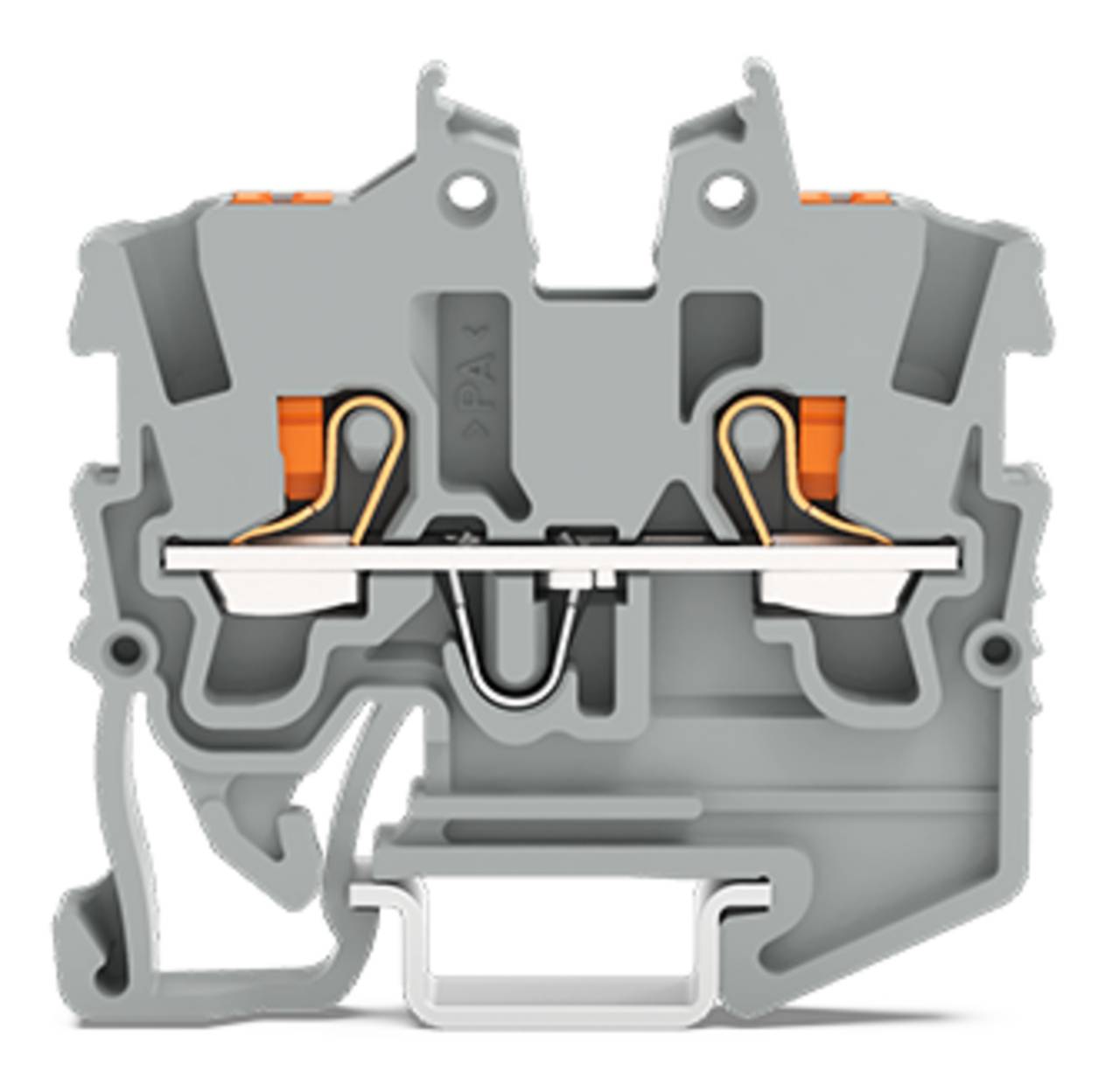 Eine Querschnittsansicht eines grauen Elektroklemmenblocks, die interne Metallleiter und orangefarbene Klemmkomponenten für Verdrahtungsverbindungen zeigt.
