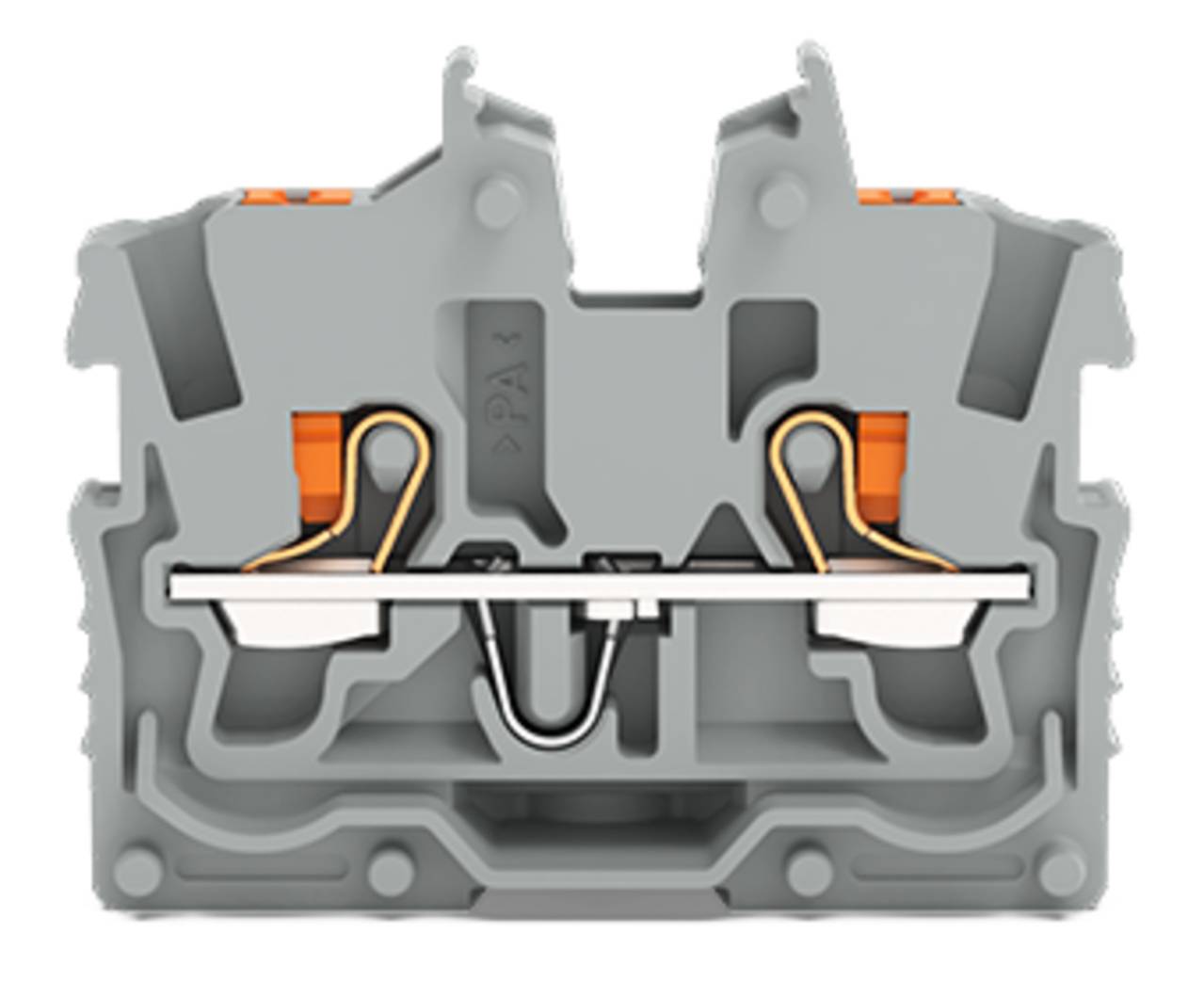 Ein kompakter, grauer Elektroklemmenblock mit zwei Anschlusspoints, orangefarbenen Hebeln zur sicheren Verdrahtung und symmetrischem Design.
