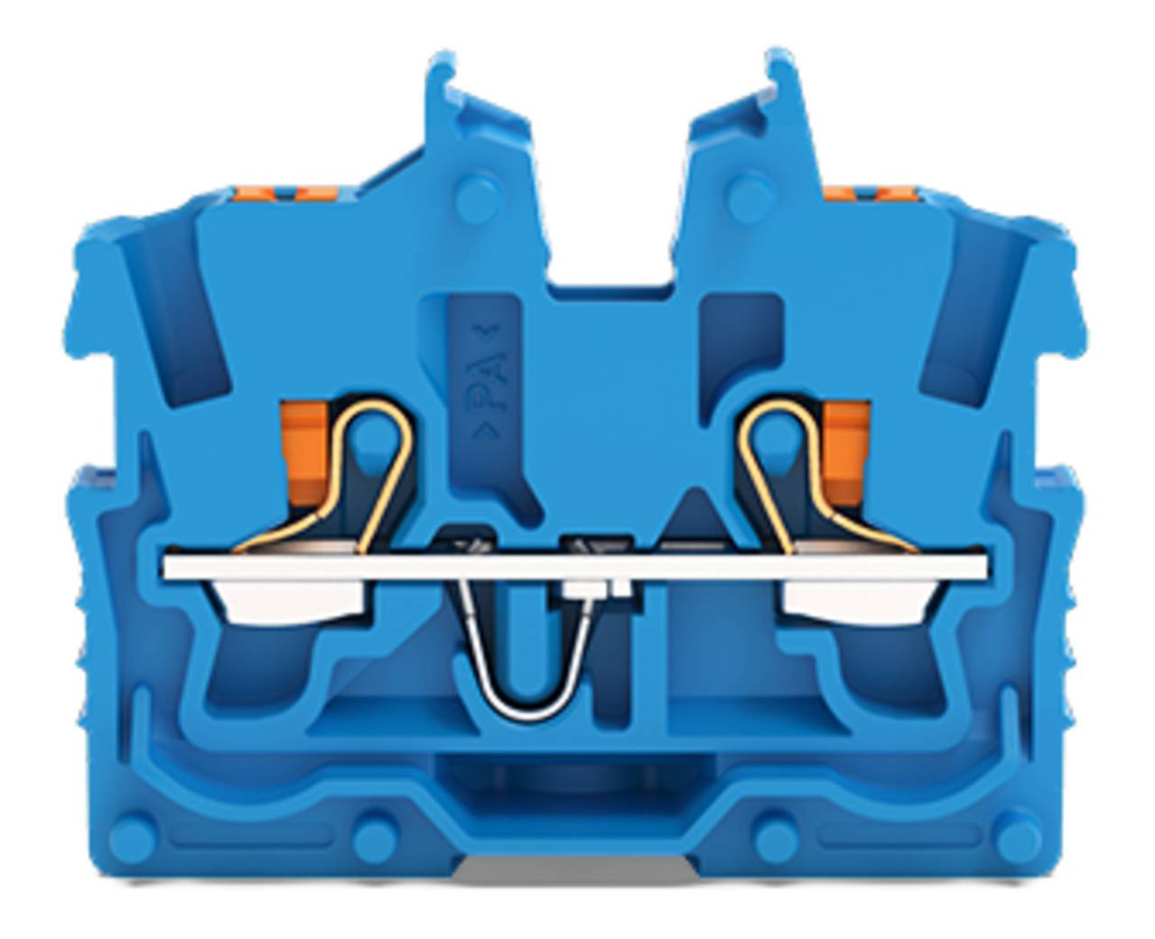 Ein blauer Elektroklemmenblock mit sichtbaren Verdrahtungsverbindungen im Inneren, der zwei Metallklemmen und Isolationsmaterial für sichere Verbindungen zeigt.