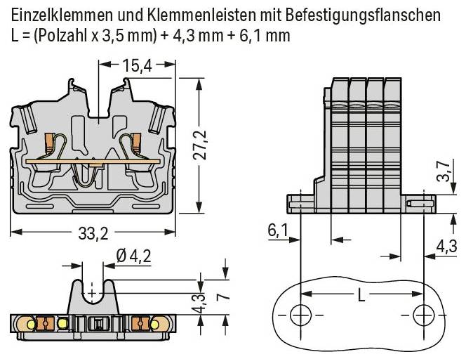 Technisches Diagramm eines elektrischen Steckers. Abmessungen: Länge 28,9 mm, Breite 30,3 mm, Höhe 15,3 mm. Enthält mehrere Anschlüsse.