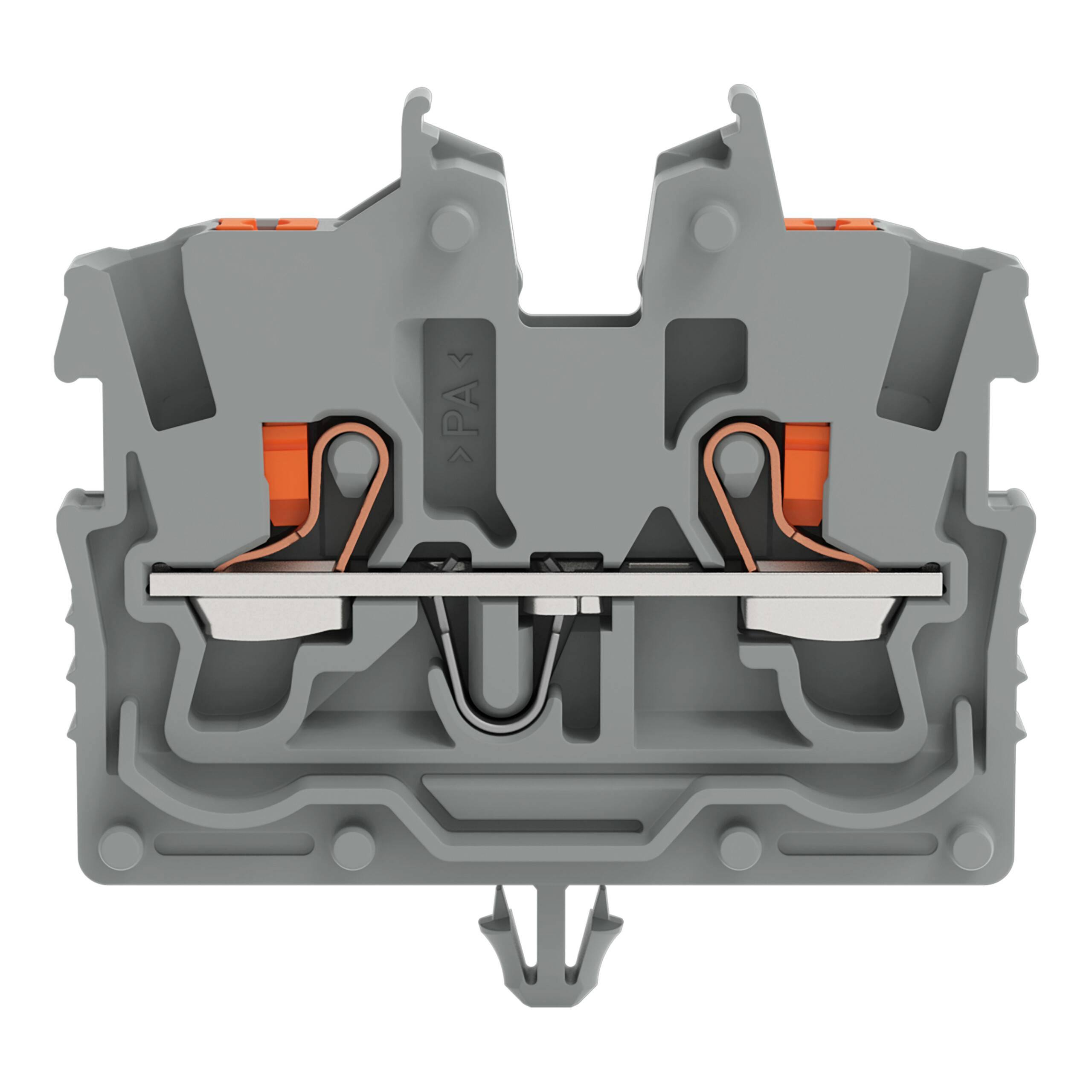 Ein Klemmblock mit grauem Kunststoffgehäuse, ausgestattet mit orangefarbenen Hebeln und internen Metallkomponenten.