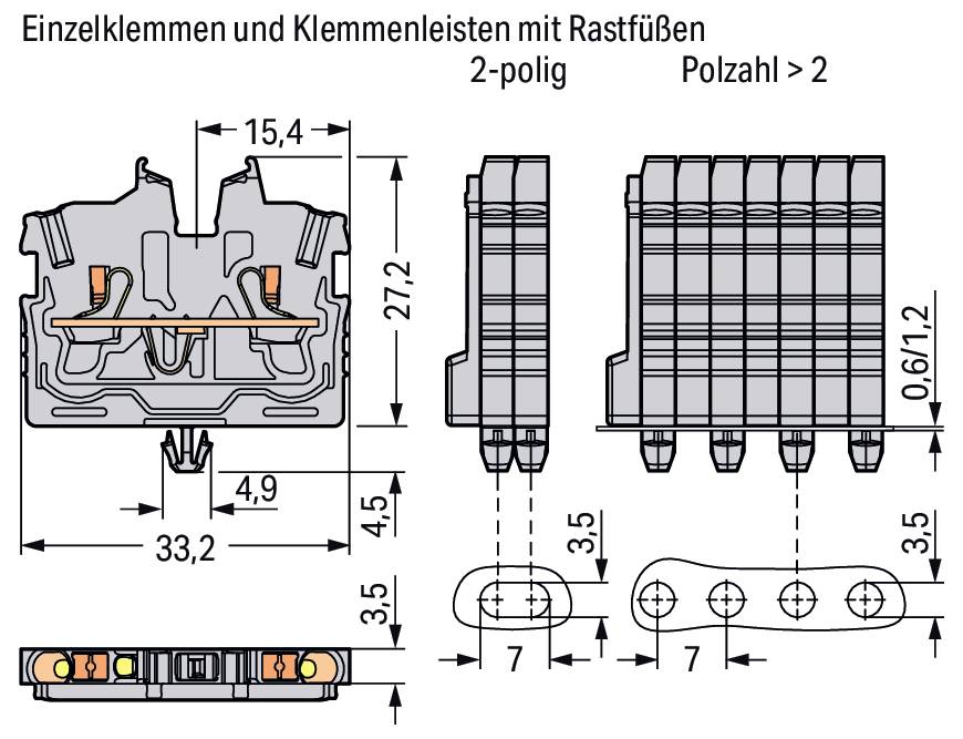 Diagramm eines zweipoligen Klemmblocks mit Abmessungen: Höhe 27,2 mm, Breite 33,2 mm. Die Seitenansicht zeigt fünf Anschlüsse; Löcher mit 7 mm Abstand.