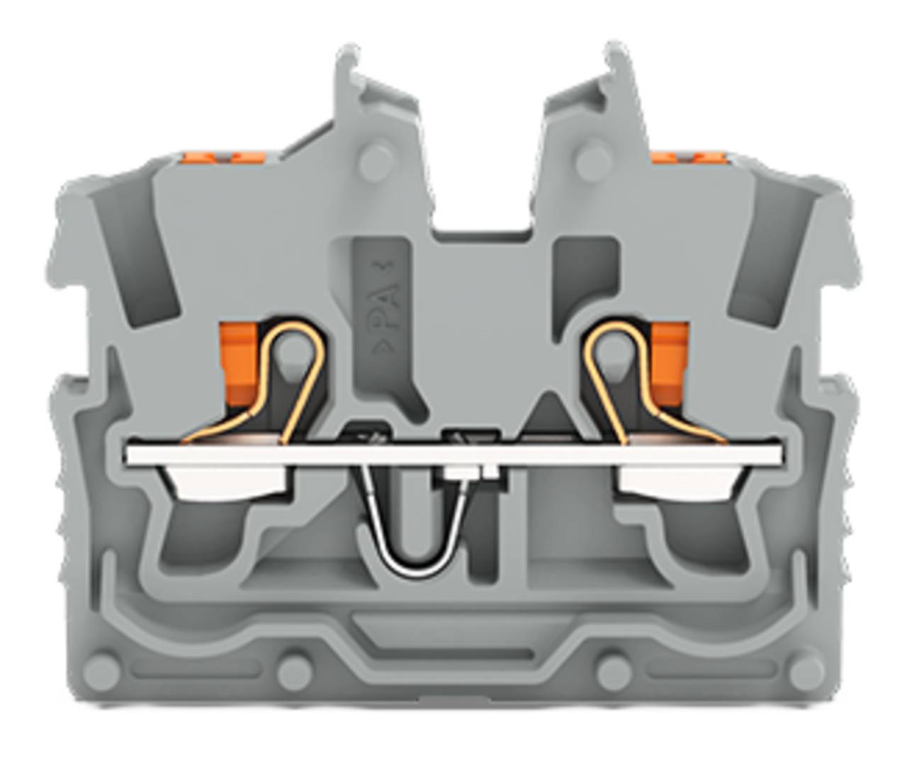 Ein Elektroschraubklemmen-Block mit zwei Verdrahtungskanälen und einem zentralen Metallleiter, der zum Verbinden und Sichern von Drähten verwendet wird.