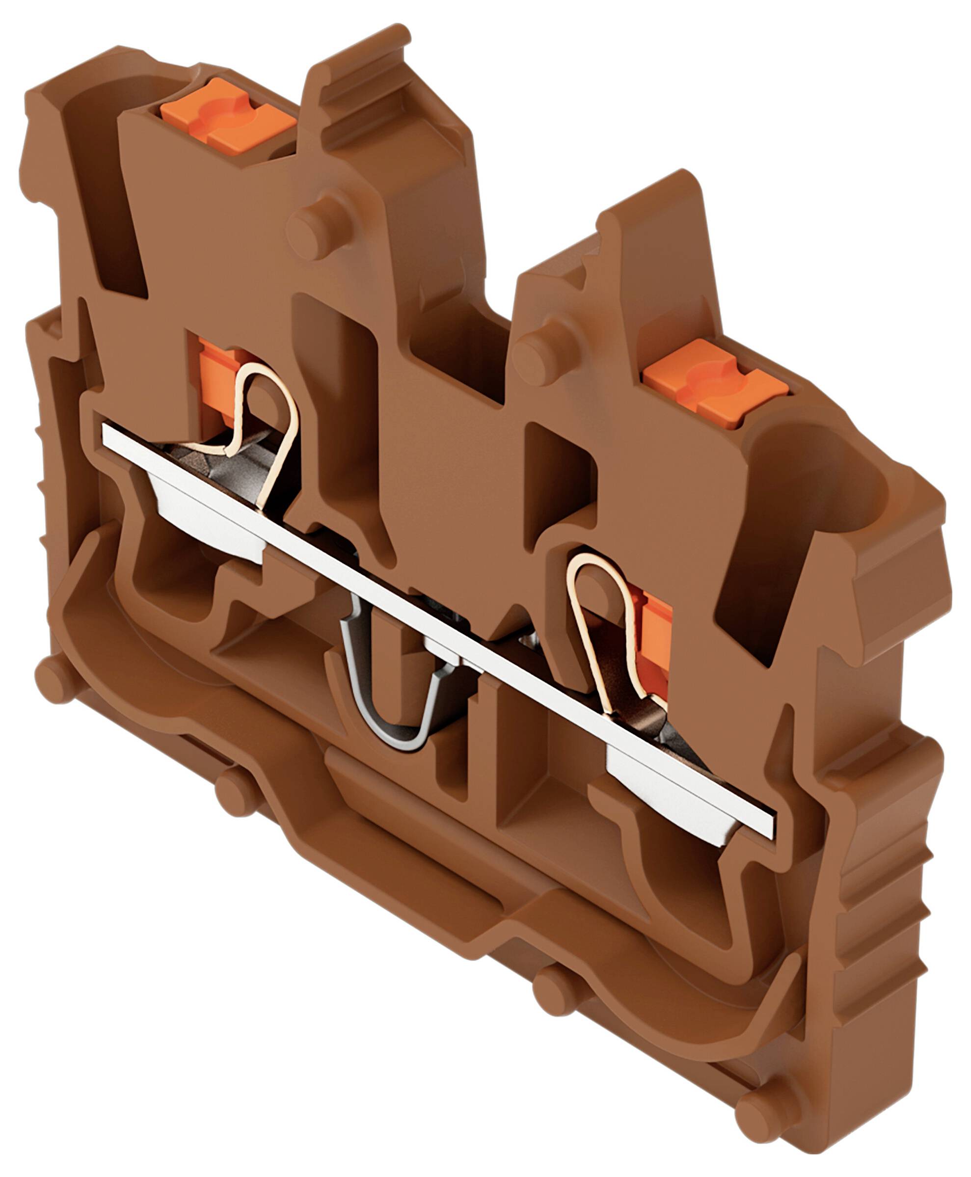 Ein braunes Elektroterminalblock mit Metallverbindern und orangefarbenen Freigabehebeln, das zum Verbinden und Sichern von elektrischen Drähten ausgelegt ist.