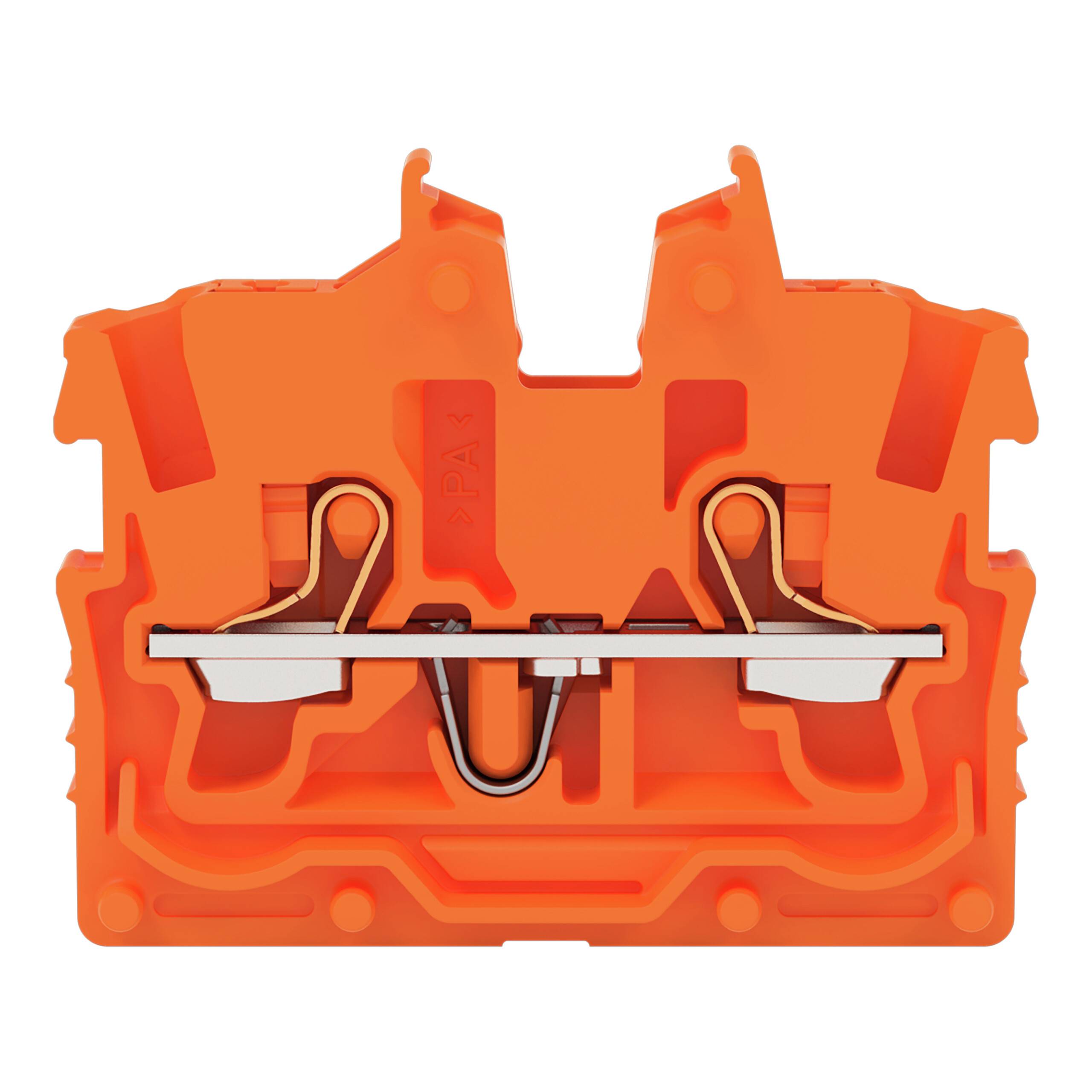 Ein orangefarbener Elektriklemmenblock-Clip mit sichtbaren metallischen Komponenten, der für sichere Verdrahtungsverbindungen in elektrischen Installationen verwendet wird.