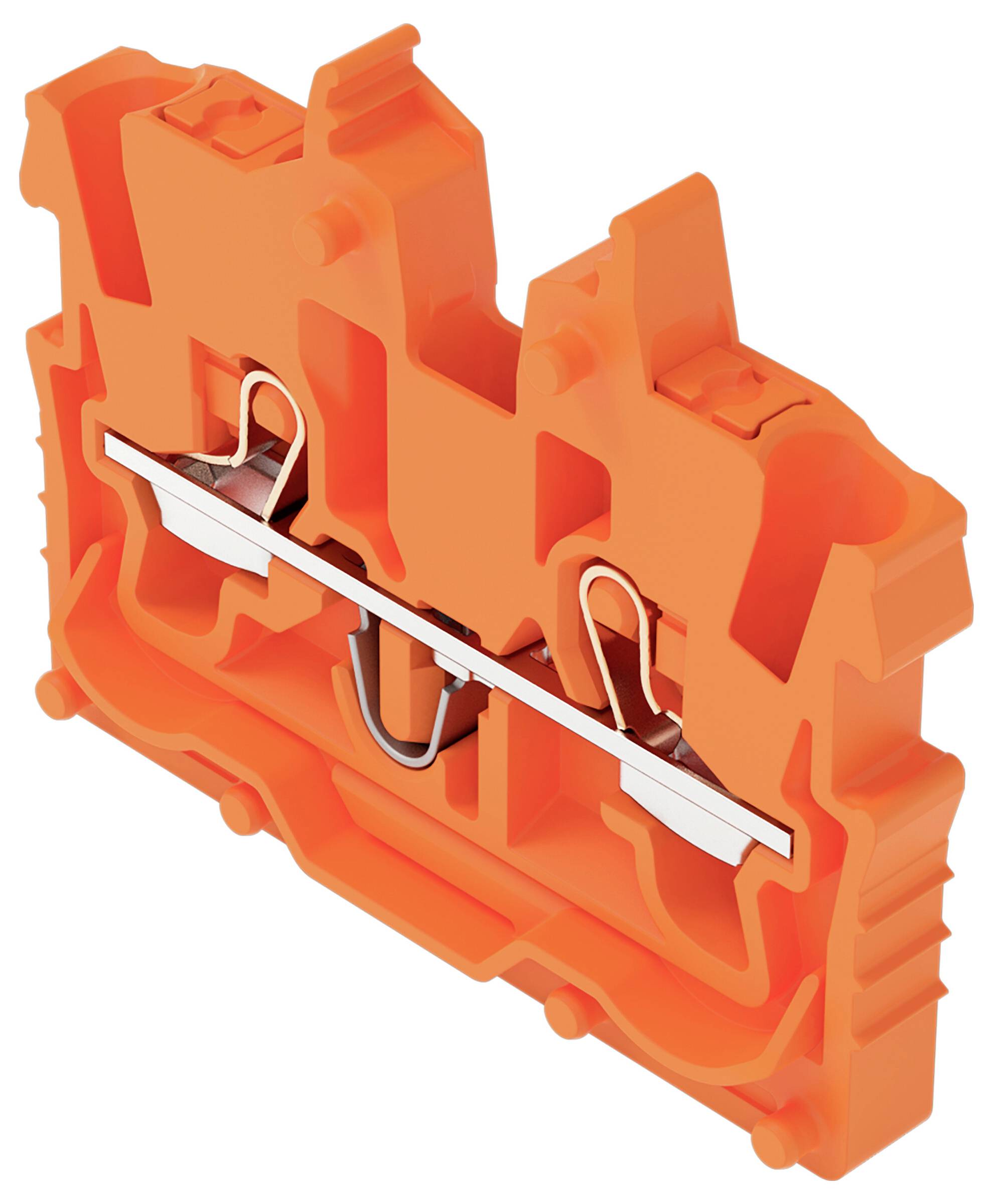Ein orangefarbiger Klemmblock mit sichtbaren Steckverbindern und Metallkomponenten, der zur elektrischen Verdrahtung in industriellen oder elektrischen Installationen verwendet wird.