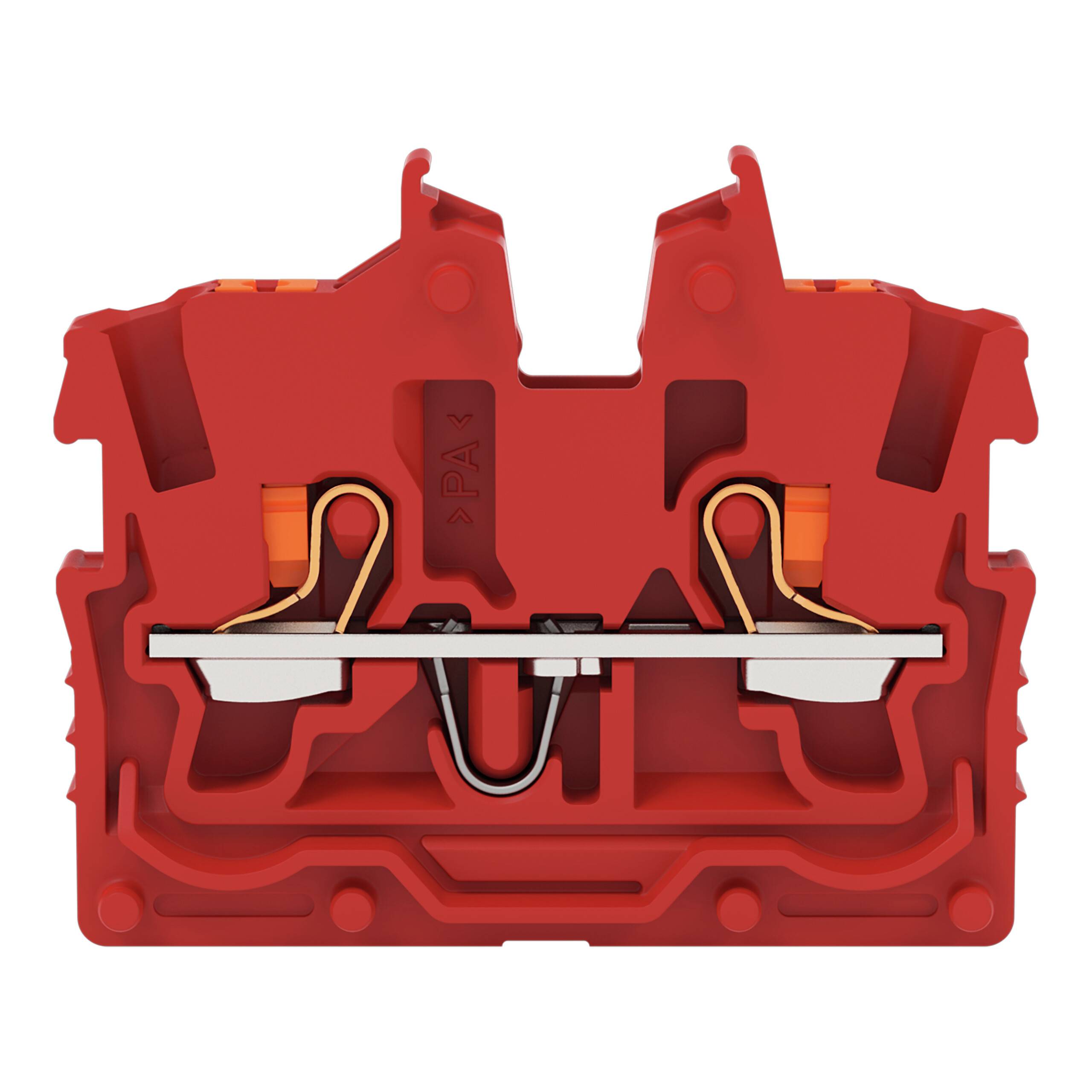 Querschnitt eines roten Klemmblocks mit sichtbarer innerer Verdrahtung, die seine Verbindungspunkte und elektrische Komponenten hervorhebt.