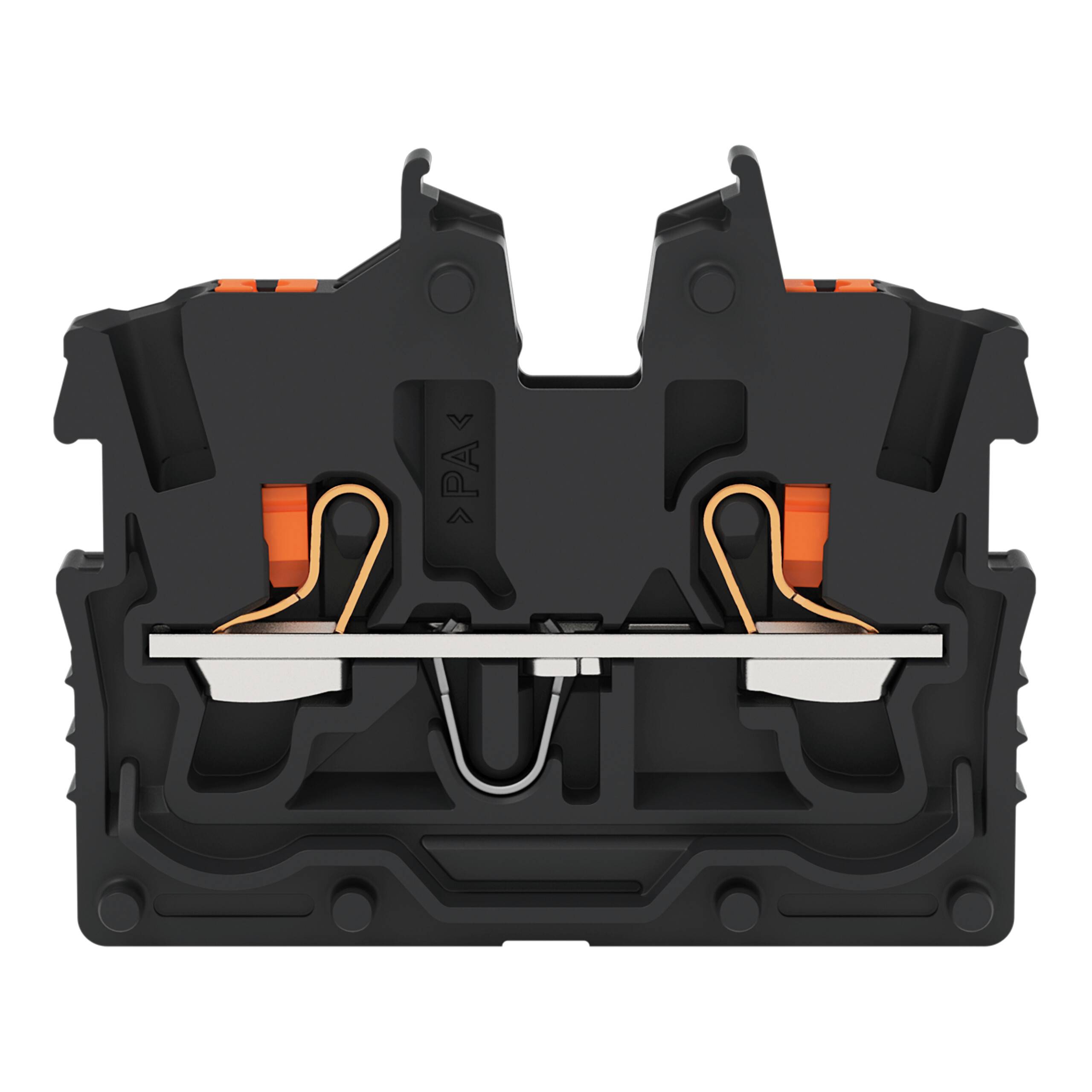 Querschnitt eines schwarzen Elektroklemmenblocks mit internen Metall- und orangefarbenen Komponenten, der zur sicheren Verbindung von Elektrokabeln verwendet wird.