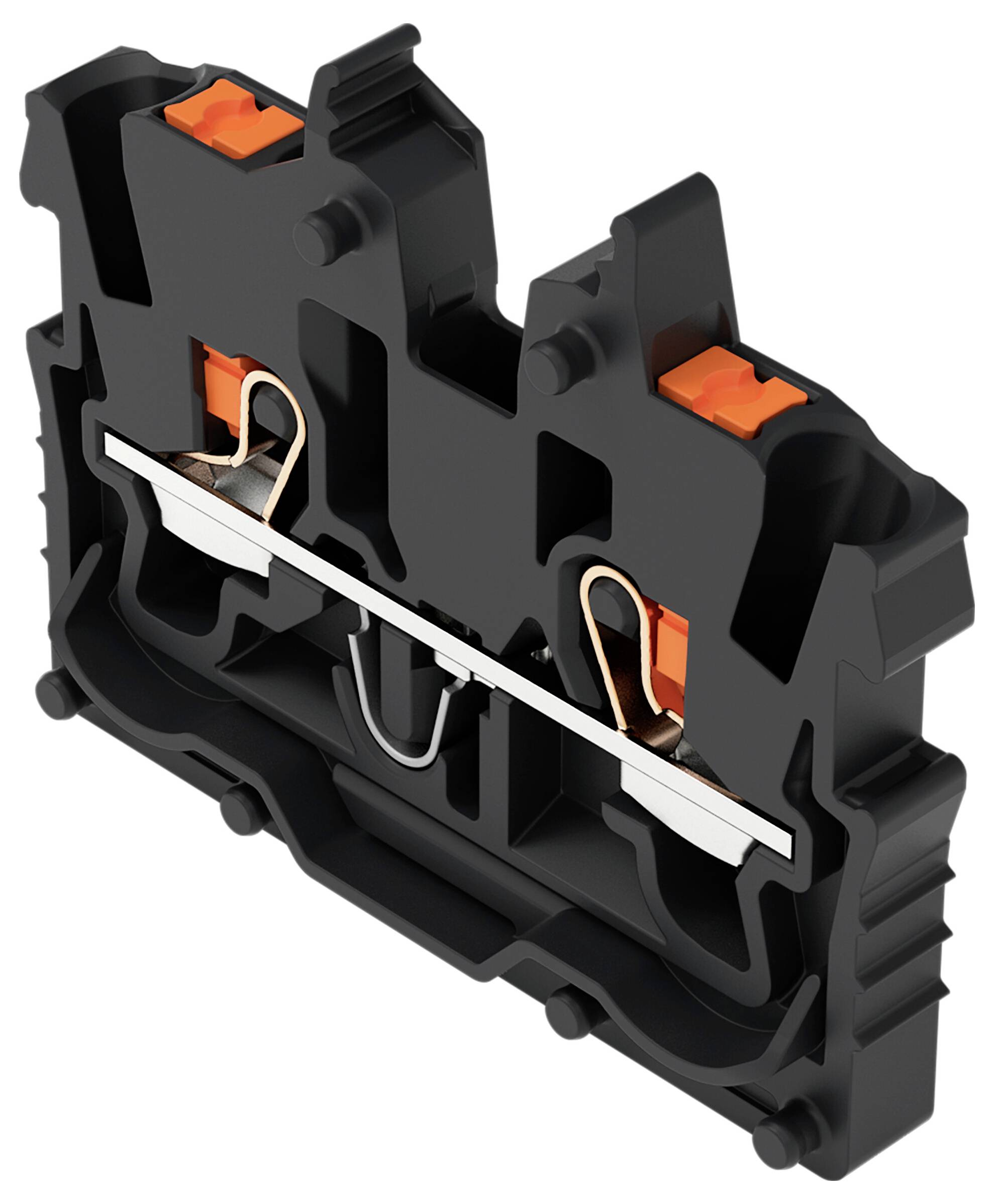 Ein schwarzes und orangefarbenes Elektroklemmleistenblock mit zwei Metallverbindern, entwickelt zum effizienten Befestigen von Elektrokabeln.