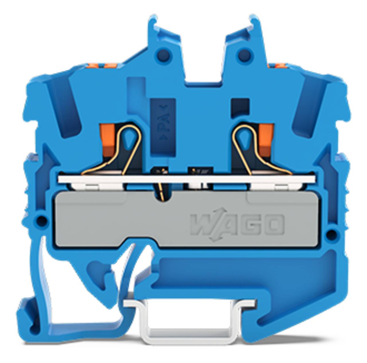 Querschnitt einer elektrischen Anschlussleiste mit internen Drahtverbindungen und Spannmechanismus in einem blauen Kunststoffgehäuse.