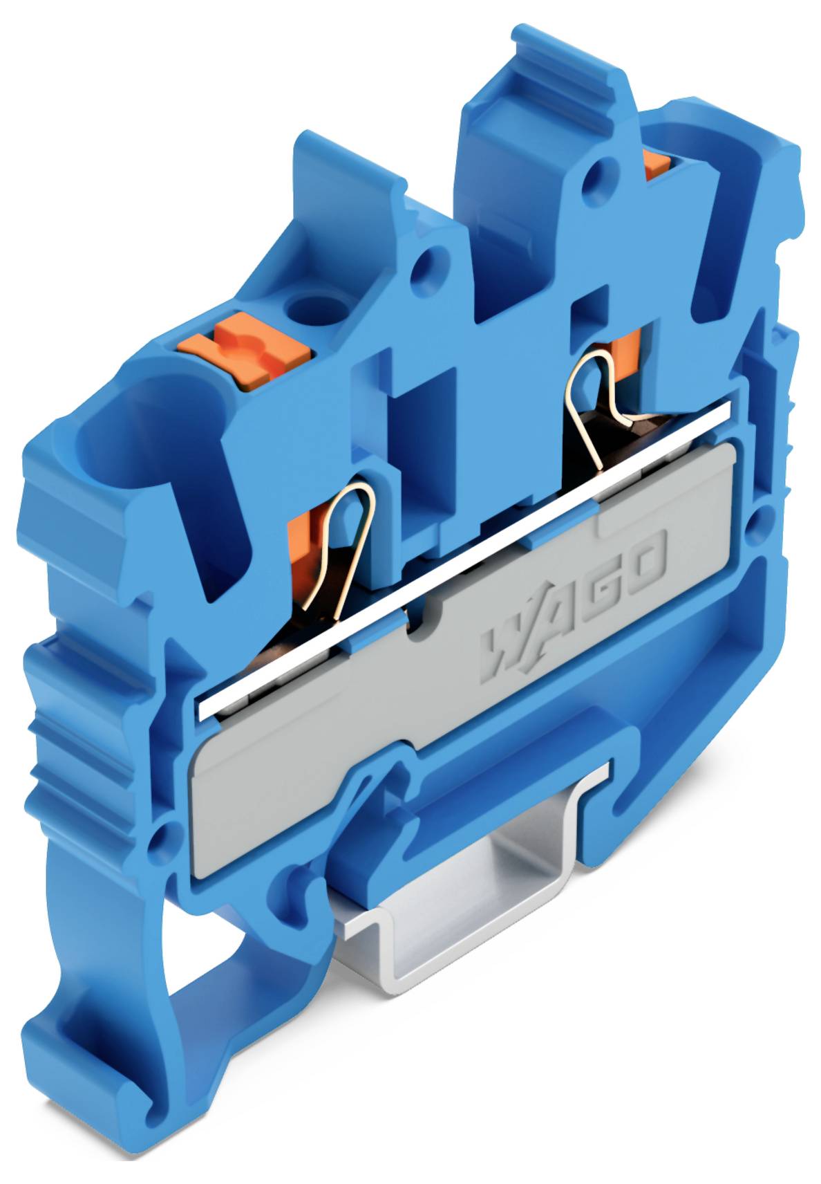 Blauers Stromverteilblock mit orangefarbenen Steckverbindern, mit einem grauen Verriegelungsmechanismus, auf dem deutlich 