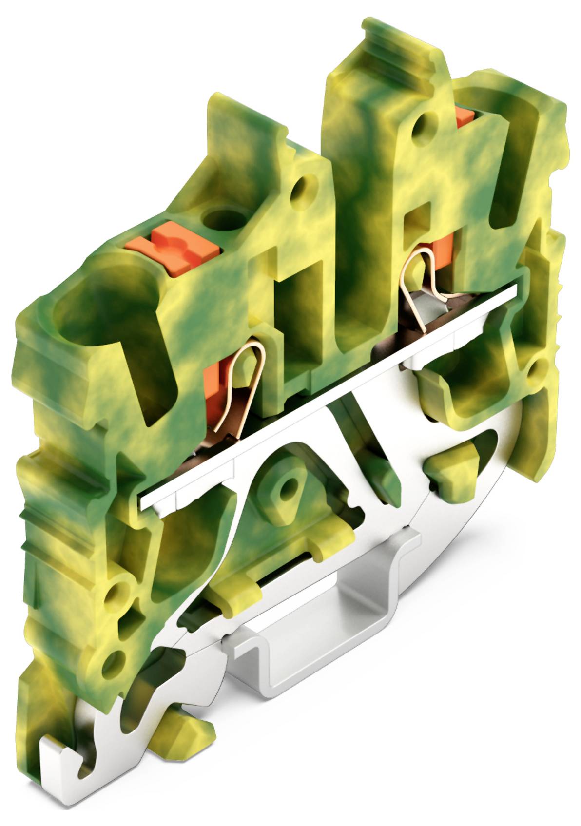 Ein 3D-Modell eines Klemmenblocks zur Verdrahtung mit internen Komponenten, grüner und gelber Gehäuse und Metallkonnektoren.