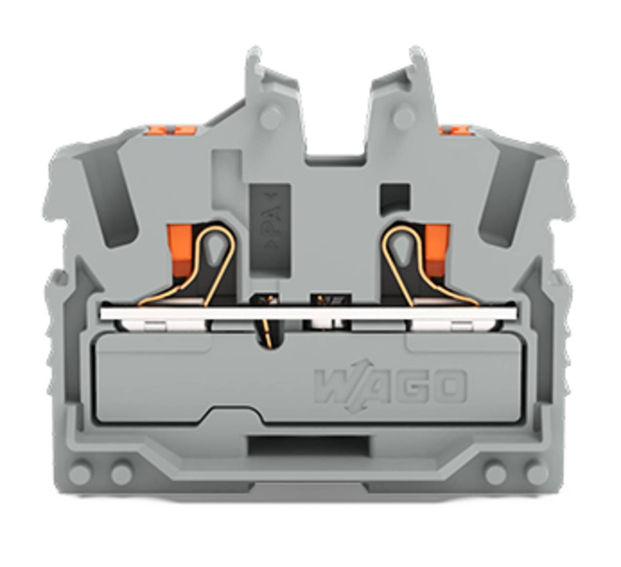 Elektrische Klemmenleiste, grau mit orangefarbenen Klammern, zum Verbinden und Sichern von Drähten.
