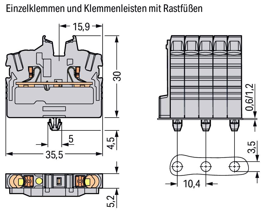 Einzelklemmen und Klemmenleisten mit RastfüßenAbmessungen: 30 x 35,5 mmmit verschiedenen beschrifteten Abschnitten und Messwerten.