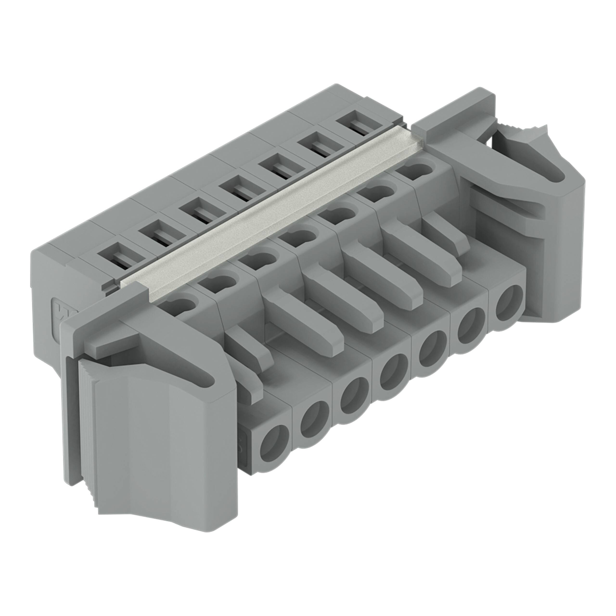 A gray power connector component with multiple input slots and grooved details, used for electronic or electrical connections.