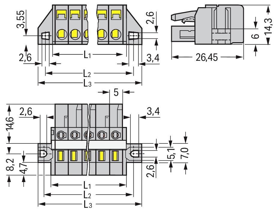 Diagramm eines elektrischen Steckers mit detaillierten Abmessungen in Millimetern, das sowohl Seiten- als auch Draufsichten mit beschrifteten Abmessungen L1, L2 und L3 zeigt.