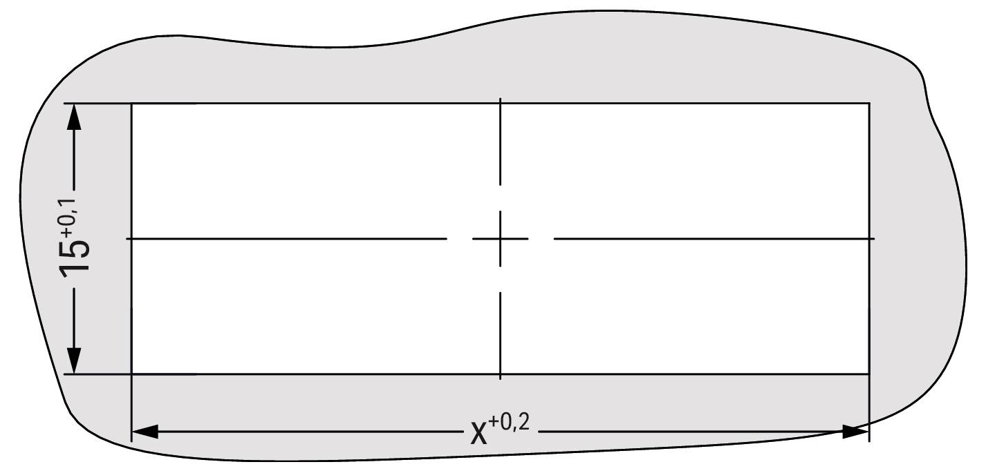 Technische Zeichnung eines rechteckigen Schlitzes mit Abmessungen: Breite 15±0,1 Einheiten, Länge x±0,2 Einheiten, in einer Form mit unebenen Kanten.