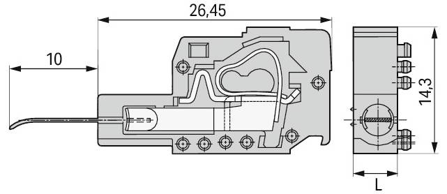 Technisches Diagramm einer mechanischen Komponente mit beschrifteten Abmessungen: 26,45 Breite, 10 Höhe, 14,3 Tiefe. Wichtige Merkmale sind hervorgehoben.