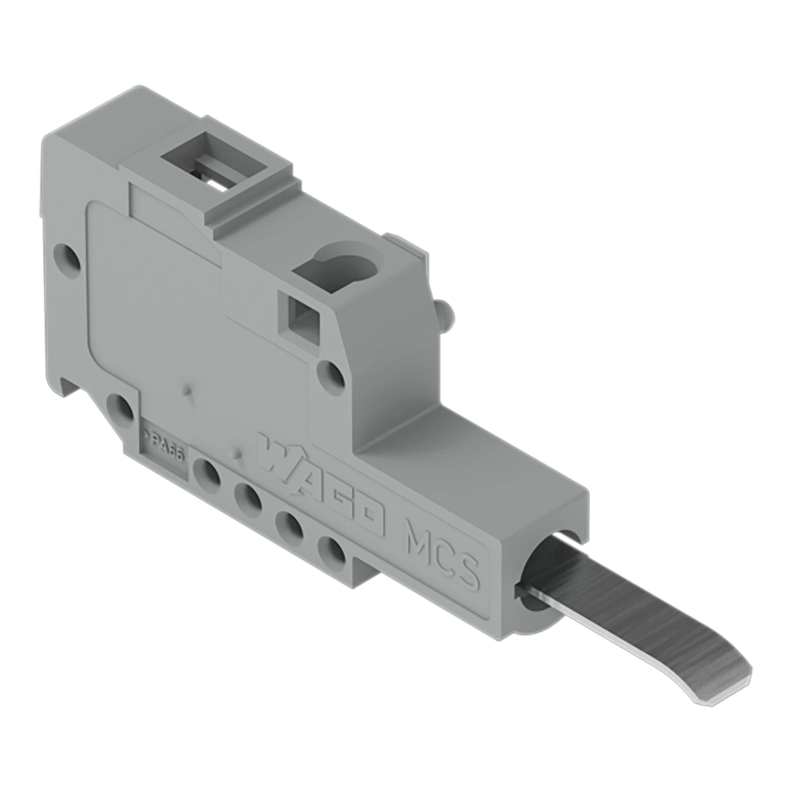 Eine graue WAGO-MCS-Elektrokomponente mit einem Hebel, die zum sicheren Verbinden von Drähten verwendet wird.
