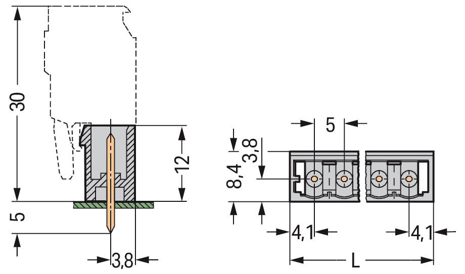 Technisches Diagramm einer zweipoligen Anschlussleiste. Abmessungen: 30x12 mm Höhe, 3,8 mm Stiftabstand. Enthält Stift- und Lochgrößen.