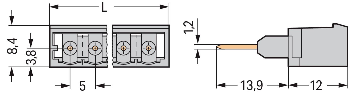 Diagramm eines 2-poligen Steckers: Abmessungen gekennzeichnet mit 8,4 mm Höhe, 3,8 mm Breite und 5 mm Basis. Die Seitenansicht zeigt eine Länge von 13,9 mm.
