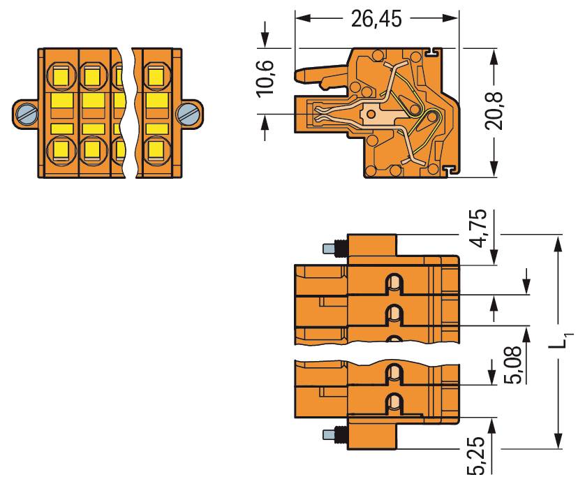 Technisches Diagramm eines orangefarbenen Elektrosteckers mit Abmessungen: 26,45 mm Breite, 20,8 mm Höhe und anderen detaillierten, notierten Abmessungen.
