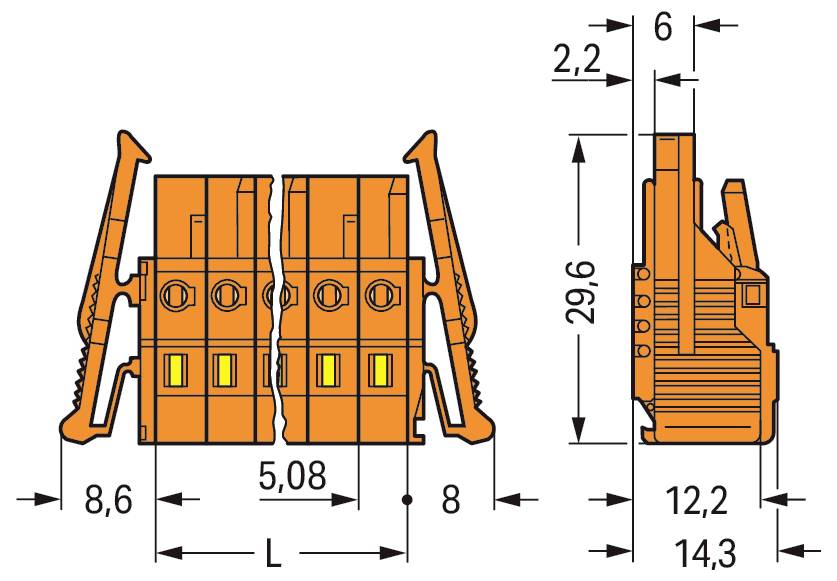 Technische Zeichnung einer orangefarbenen elektrischen Klemmenleiste mit Abmessungen. Front- und Seitenansichten zeigen detaillierte Dimensionen in Millimetern.