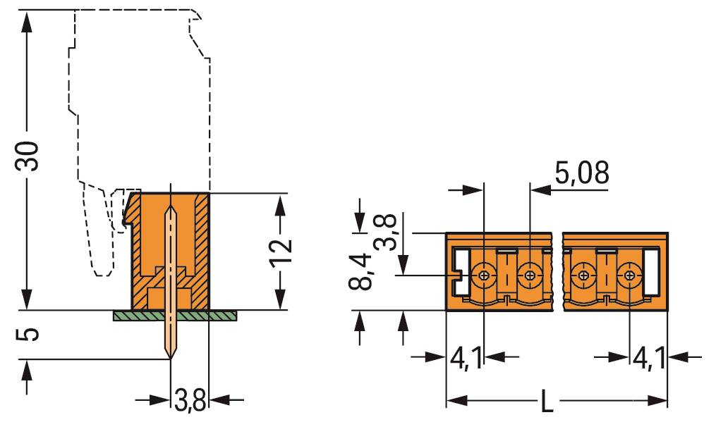 Technisches Diagramm eines elektrischen Klemmblocks. Seiten- und Draufsichten mit Abmessungen, einschließlich Breiten von 3,8 mm und 5,08 mm.