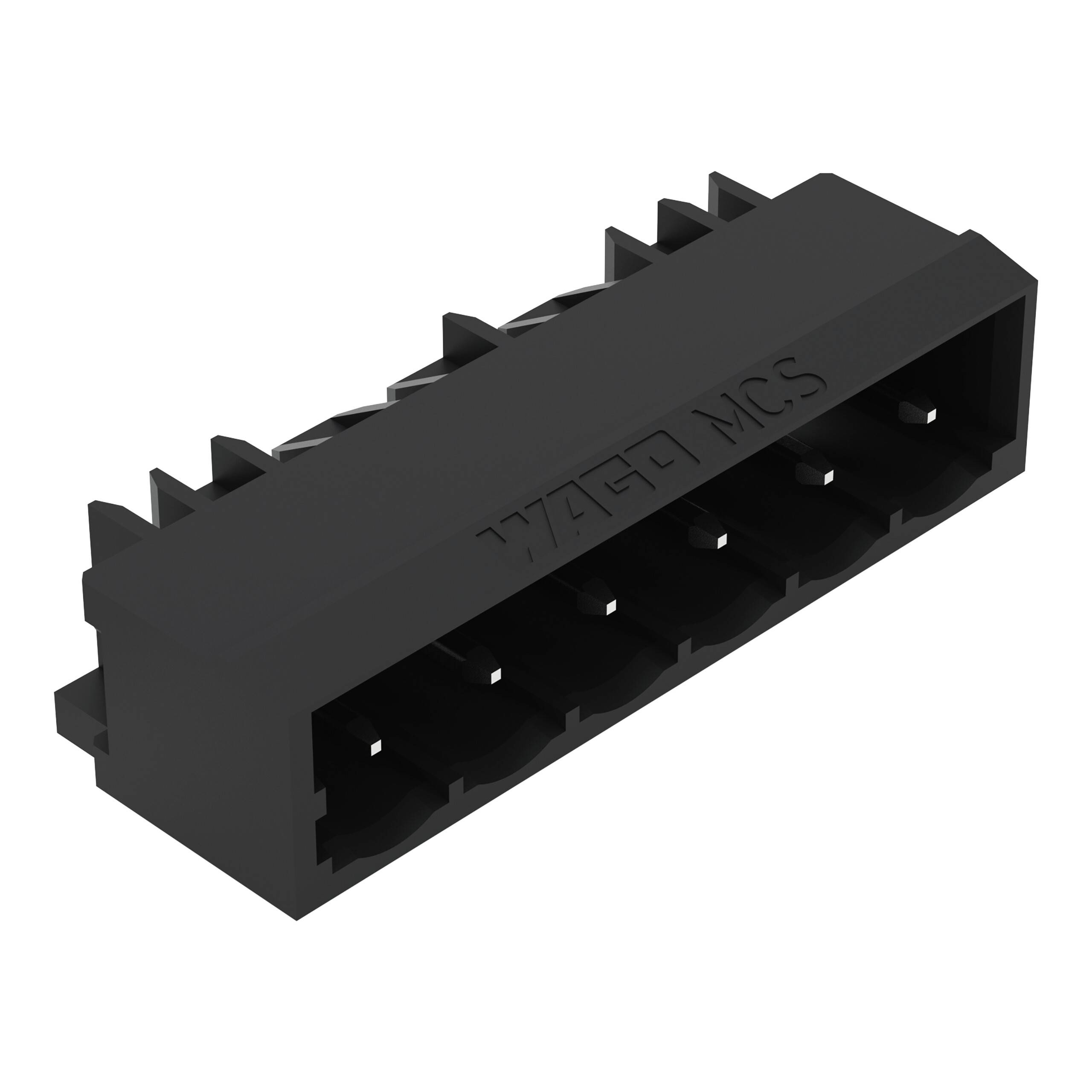 Ein schwarzer Kunststoffverbinder mit sechs rechteckigen Schlitzen, der in elektronischen Schaltungen verwendet wird. Die Oberseite weist erhabene Schrift auf.