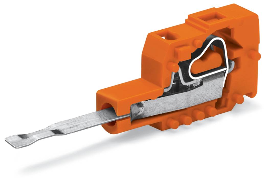Orange-Kunststoffverbindungsklemme mit Metallhebel, verwendet für Drahtverbindungen, in einer Nahaufnahme dargestellt, um Designdetails hervorzuheben.
