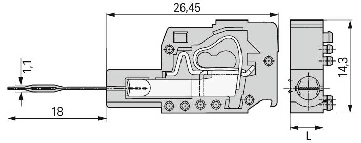 Technisches Diagramm eines orangefarbenen Steckers mit Abmessungen: Draufsicht 27,5 mm lang, Seitenansicht 14,3 mm hoch, Vorderansicht 12 mm breit.
