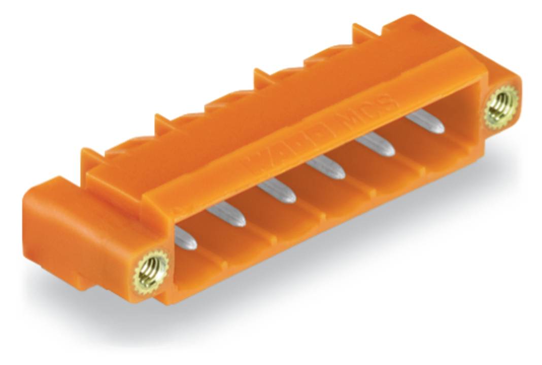 Ein orangefarbener Elektrostecker mit sechs silbernen Kontakten, mit rechteckigem Design und zwei Metallschraubenlöchern auf jeder Seite.