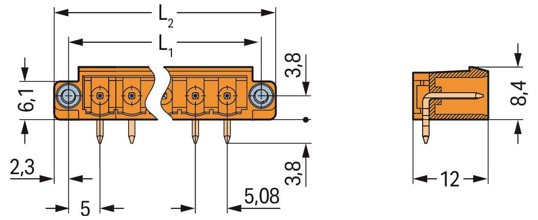 Technisches Diagramm mit einem orangefarbenen Elektrostecker mit drei Stiften. Gekennzeichnete Abmessungen: 6,1 mm, 5 mm, 5,08 mm, 8,4 mm und 12 mm.