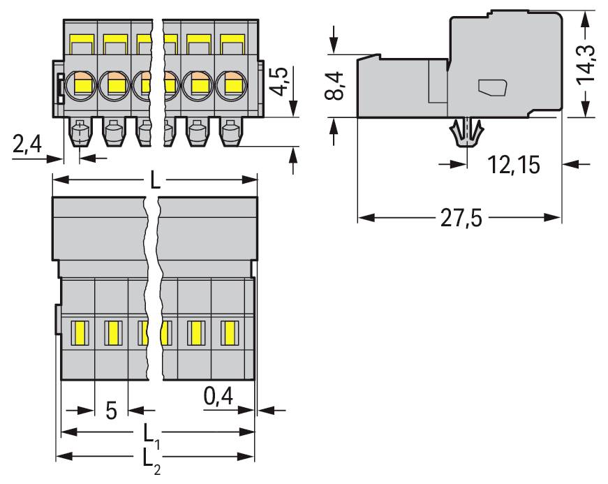 Ein technisches Diagramm einer mechanischen Komponente mit Abmessungen: Länge 26,45, Breite 17 und Höhe 14,3. Zeigt Details der Verdrahtungswege.