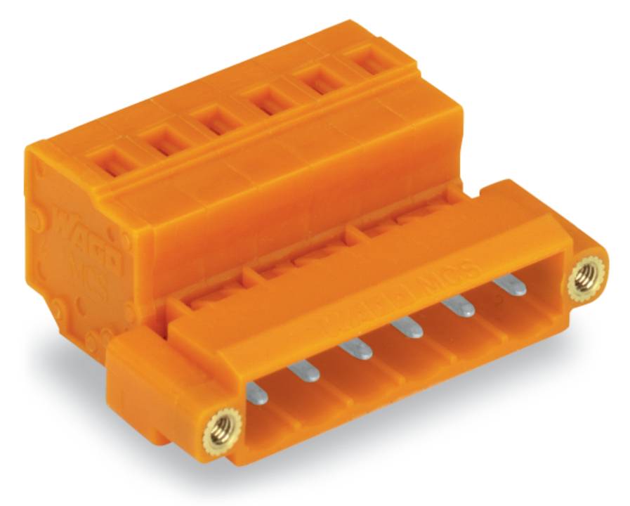 Ein orangefarbiger Elektrostecker mit mehreren Stiften und zwei Befestigungslöchern.