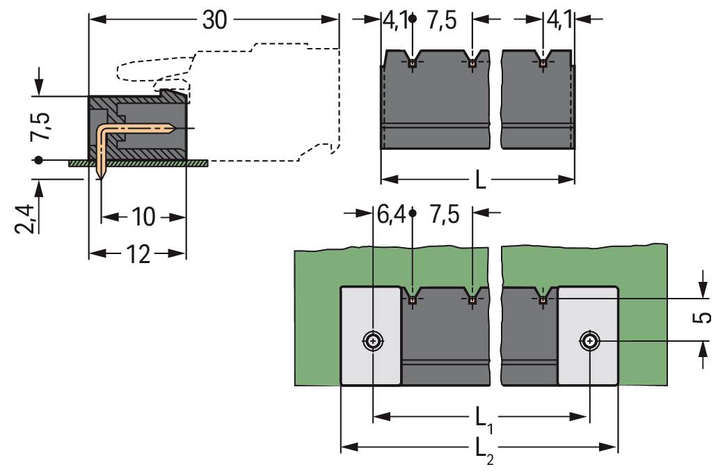 Technisches Diagramm, das die Dichtungsinstallation zwischen zwei Abschnitten mit detaillierten Maßen und Montageanleitung darstellt.
