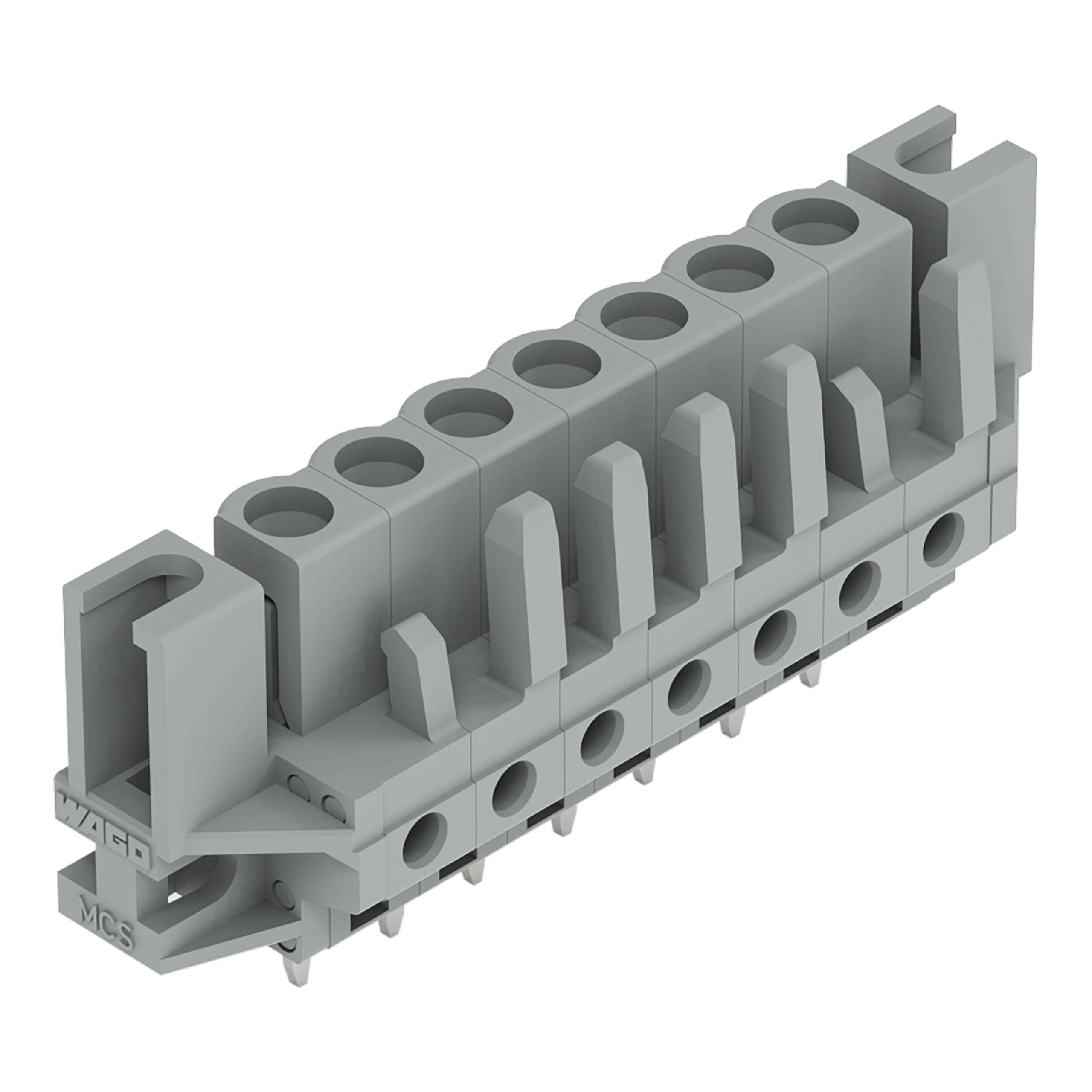 Graues Elektroterminalblock mit sechs Anschlüssen, konzipiert zum Befestigen und Organisieren mehrerer Drähte in einem Elektrosystem.