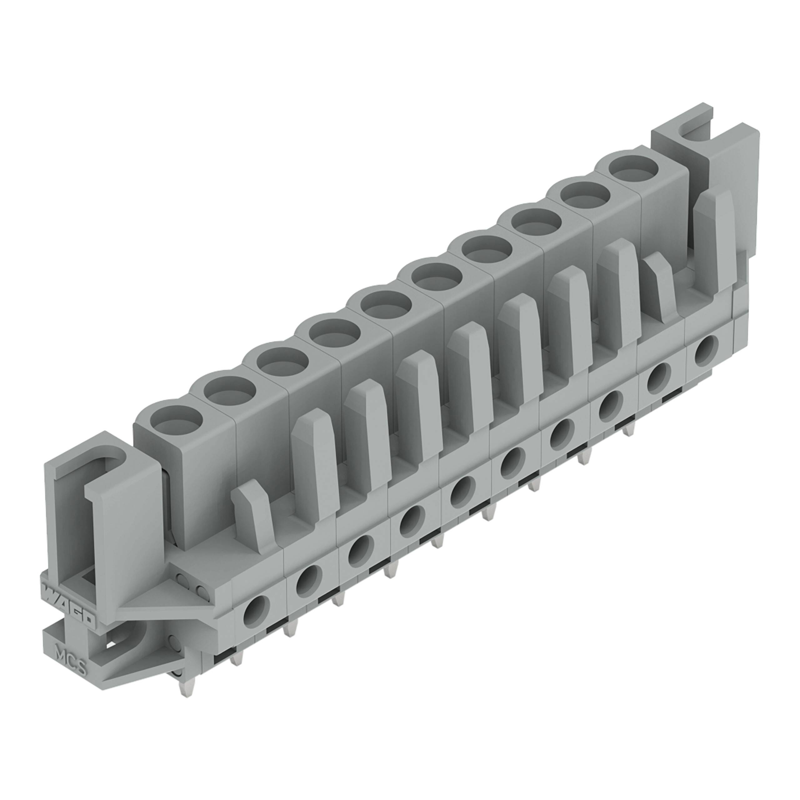 Ein graues modulares Klemmenblockmodul mit mehreren Anschllusspunkten für Drahtverbindungen, das in industriellen Umgebungen für elektrische Verbindungen verwendet wird.